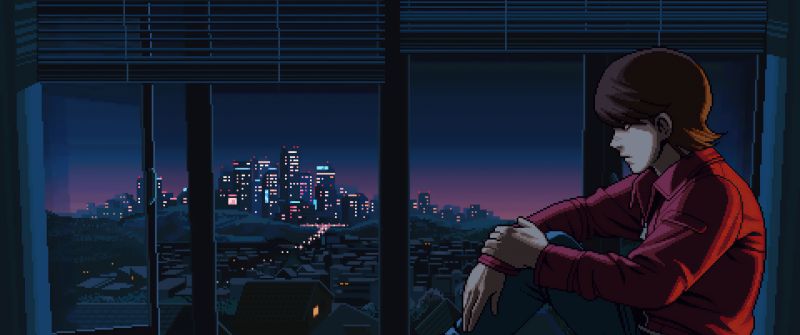 Lofi boy, Pixel art, Retro style, City Skyline, Night, Window