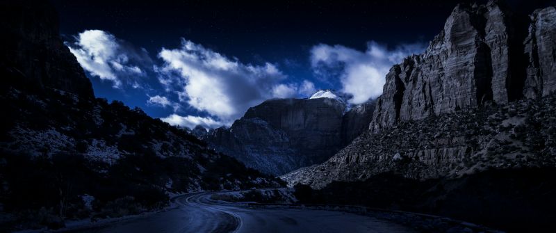 Zion National Park, Road, Night, Rocks, Dark, 5K, 8K