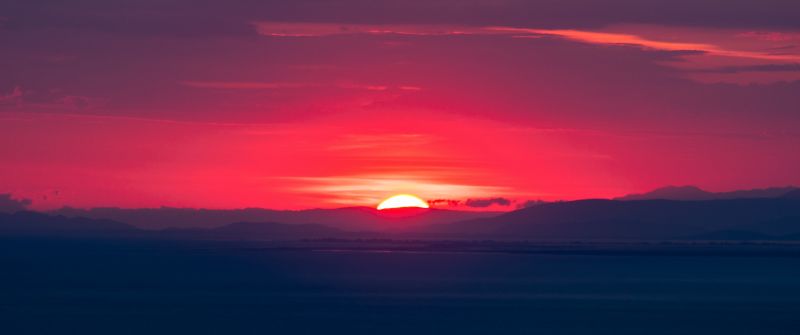 Sunset, Hills, Red Sky, Horizon, Dawn, 5K