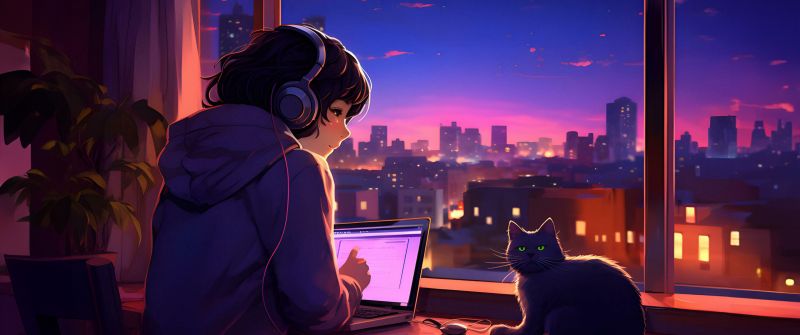 Lofi girl, Night, Cat, Window, City lights, Listening music