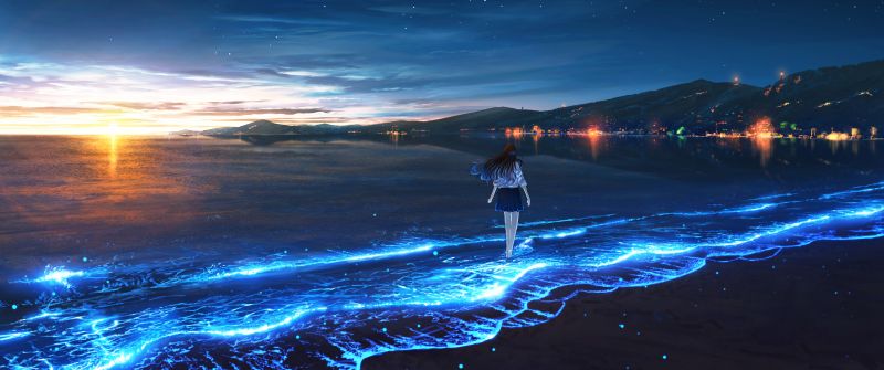 Bioluminescence, Anime girl, Alone, Sunset, Beach, Ocean, 5K