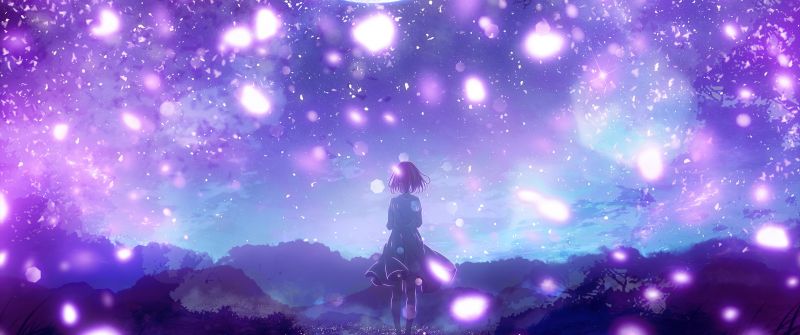 Anime girl, Purple aesthetic, Crescent Moon, Dreamlike, Surrealism, Purple sky, Mood, Lonely, 5K, Shuu Illust