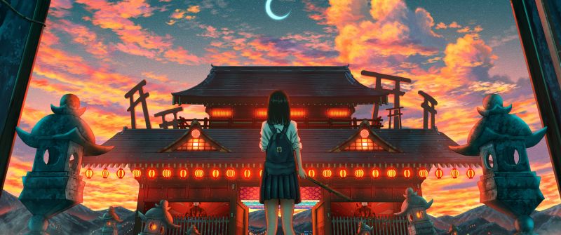 Ancient architecture, Japanese girl, Crescent Moon, Illuminated, Lofi girl, Clouds, Shuu Illust