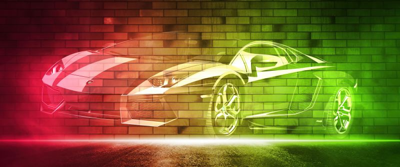 Lamborghini Gallardo, Neon art, Brick wall