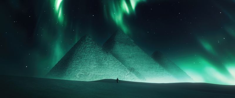 Egyptian Pyramids, Aurora sky, Dreamy, Northern Lights, Surreal, Desert, Dunes, 5K