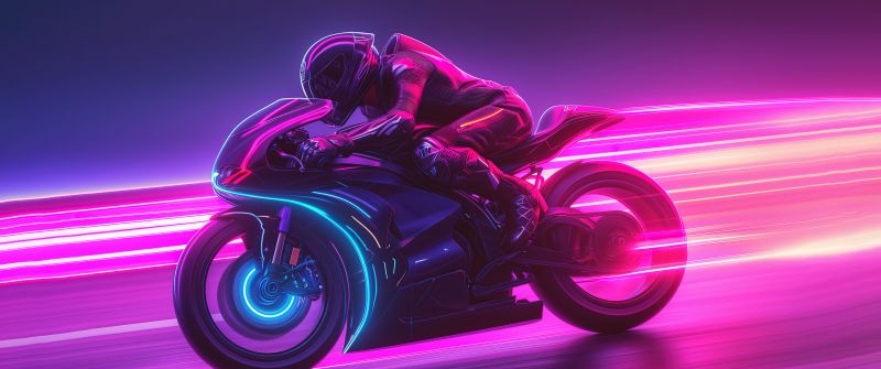 Biker, Neon background, Racing, 5K, Pink