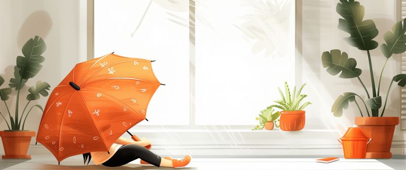 March, Spring, Girl, Window, Umbrella, Orange aesthetic, Sunlight, Illustration