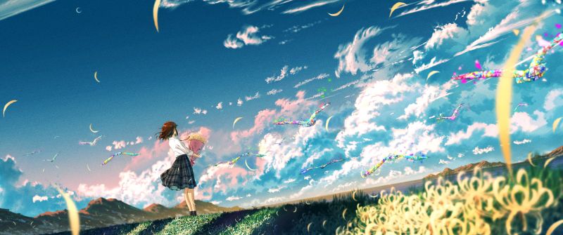 Anime girl, Landscape, Dreamlike, Morning breeze, Flower bouquet, 5K