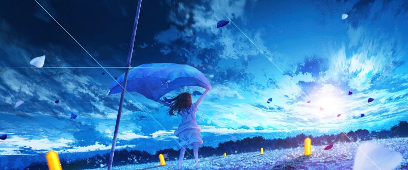 Morning breeze, Blue aesthetic, Anime girl, Scenery