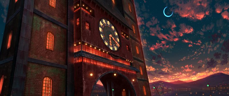 Clock tower, Crescent Moon, Scenery, 5K, Night illumination, Body of Water, Shuu Illust