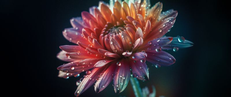 Chrysanthemum, Digital flower, Dew Drops, Bokeh Background