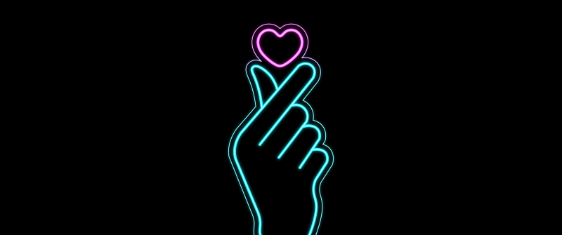 Glowing, Finger heart, K-pop, Pink Heart, 5K, 8K, AMOLED, Black background
