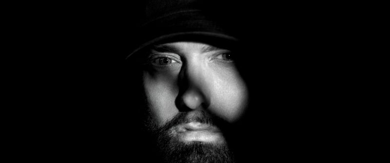 Eminem, 8K, Black background, American rapper, 5K, AMOLED, Monochrome, Black and White