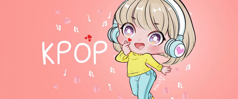 K-pop, Chibi, Finger heart, Cute Girl, Listening music, Dancing, Pastel orange, Pastel background, 5K, Red hearts, Girly backgrounds