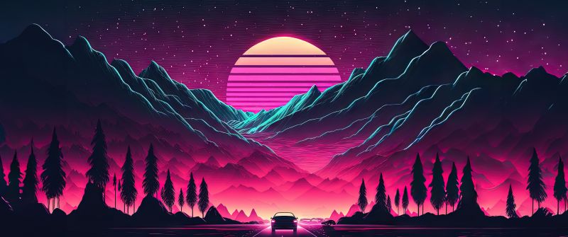 Highway, Outrun, AI art, Neon, Retrowave, Synthwave, Sunset, Mountains, 5K