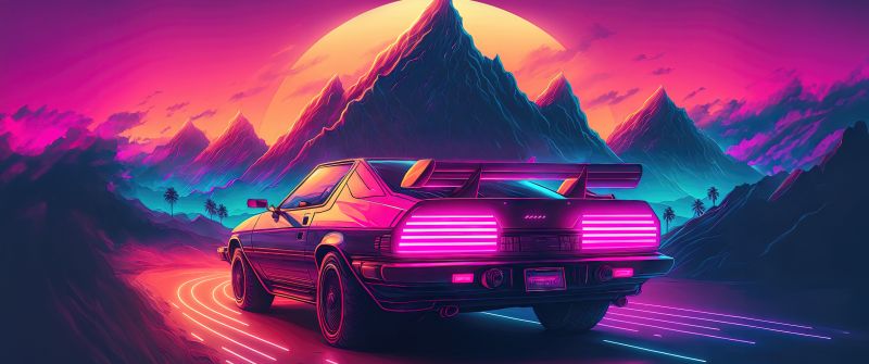 Outrun, AI art, Neon, Retrowave, Synthwave, Sunset, Mountains, 5K, Highway