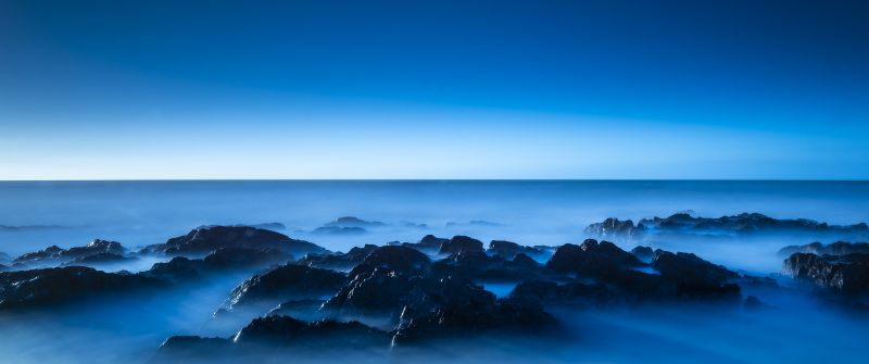 Seascape, Blue, Horizon, Clear sky, Ocean, Rocks, Sunrise, Dawn, Blue Sky, 5K