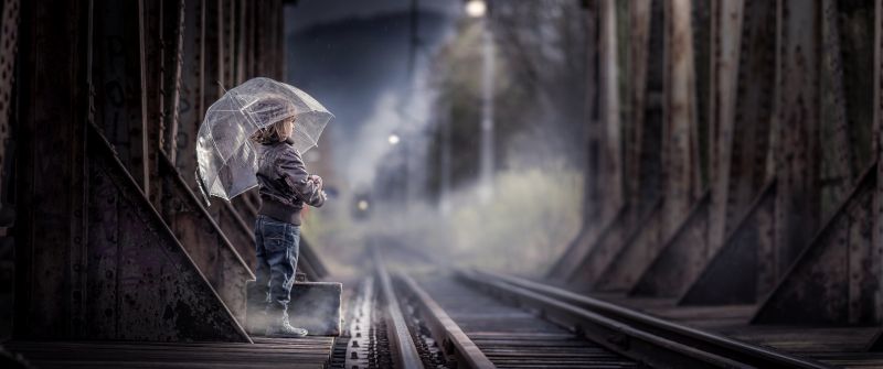 Cute Girl, Railway track, Train station, Umbrella, Rainy day, 5K