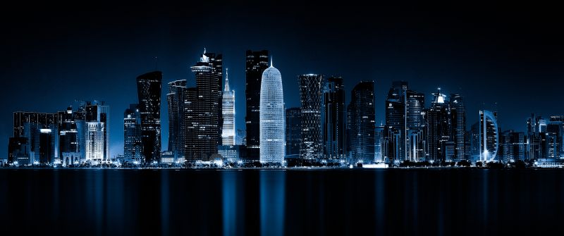 Doha, Qatar, Night, Cityscape, City lights, Reflections, Dark, 5K