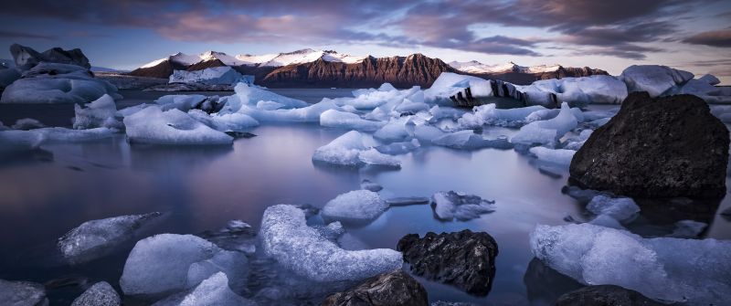 Jokulsarlon Glacier Lagoon, Iceland, Ice bergs, Mountains, Landscape, 5K