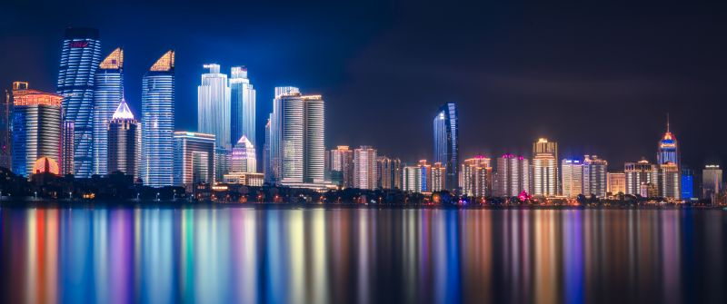 Qingdao, China, Night, Cityscape, City lights, Reflections, 5K