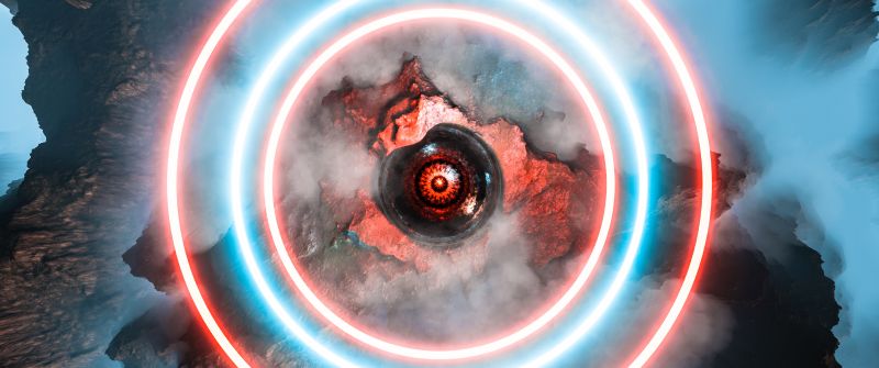 Neon circles, Eye Illustration, Mountains, Aerial view, Science fiction, 5K, 8K