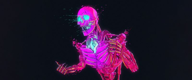 Neon, Skeleton, Cyberpunk, RetroWave art, Skull, Dark background