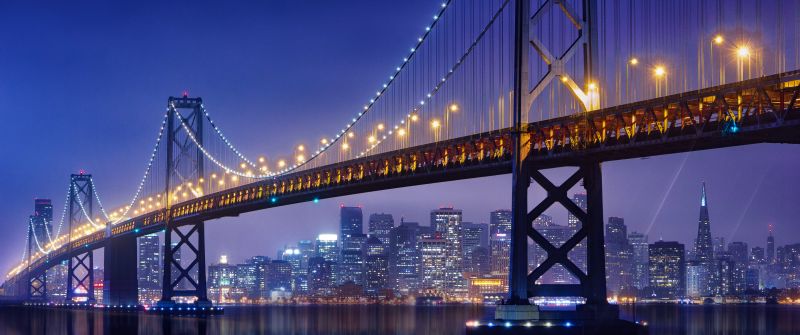 Bay Bridge, San Francisco-Oakland Bay Bridge, Night, City lights, Urban, 5K
