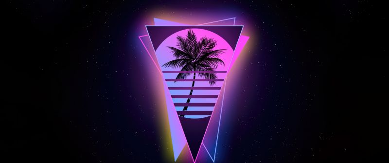 Miami, Outrun, Palm tree, AMOLED, Black background, Neon glow, Geometric, Triangles
