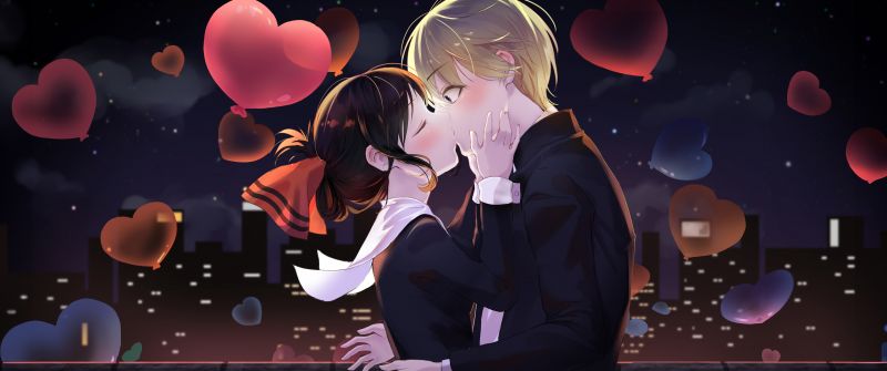 Kaguya Shinomiya, Miyuki Shirogane, Anime couple, Kaguya-sama: Love is War, Romantic kiss, 5K