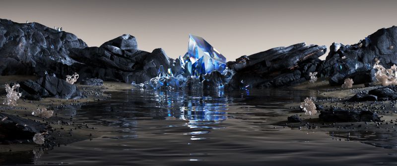 Midnight Blue, Landscape, Surreal, Crystal, Body of Water