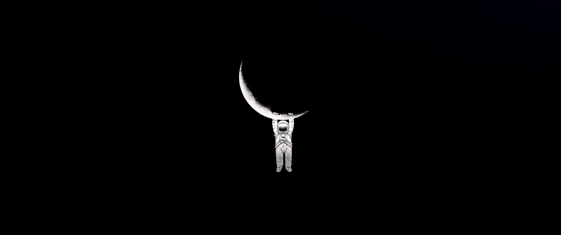 Astronaut, Hanging, Crescent Moon, Night, Black background, AMOLED