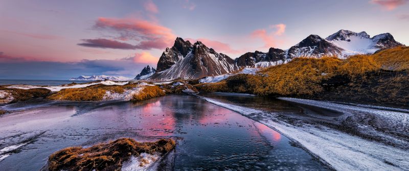Vestrahorn mountain, Aesthetic, Outdoor, Iceland, Sunset, Dusk, Coastline, 5K, Serene, Stokksnes