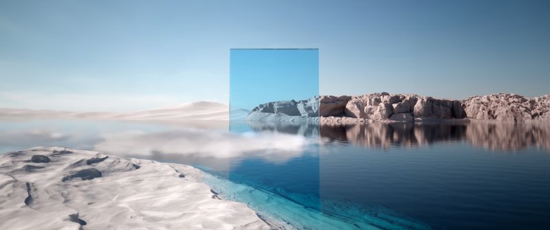 Blue aesthetic, Landscape, Geometric, Surreal, Modern, Lake, Mountain, Reflection