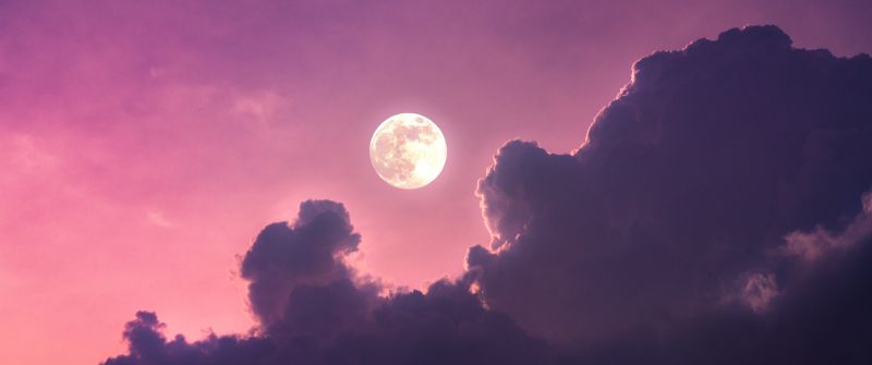 Full moon, Aesthetic, Clouds, Pink sky, Scenic