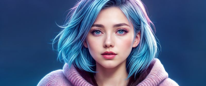 Blue eyes, Asian Girl, AI art, Blue hair