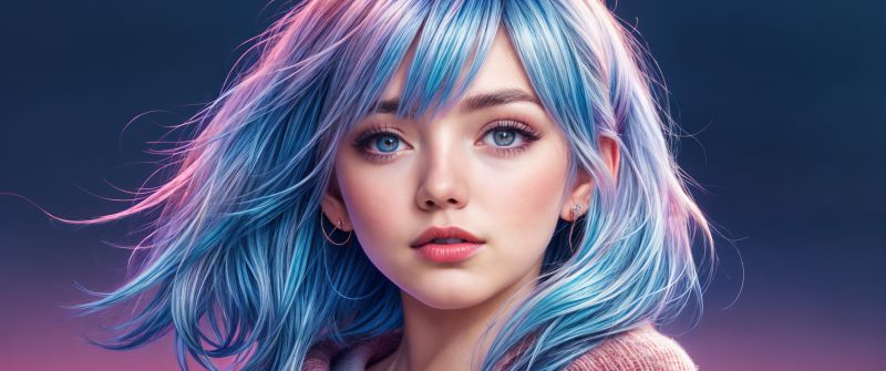 Asian Girl, AI art, Blue hair, Blue eyes