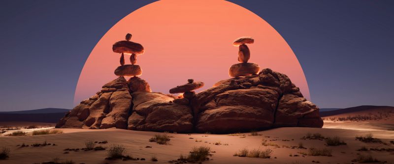 Balancing rocks, Sunset, Desert, 5K, Digital Art, Aesthetic