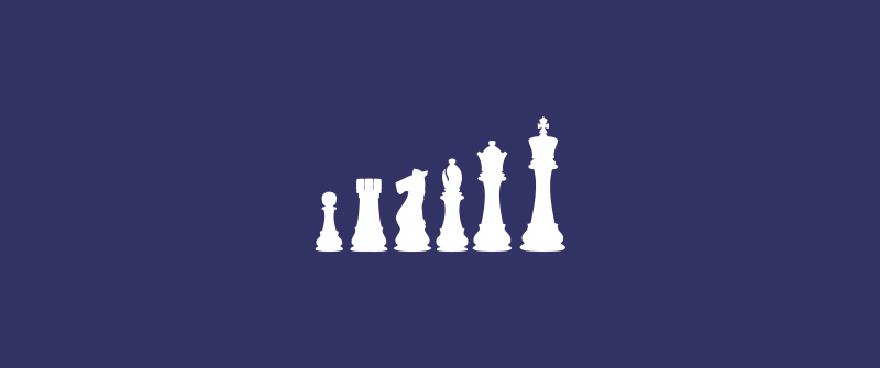 Chess pieces, Minimalist, Blue background, King (Chess), Knight (Chess), Pawn (Chess), Rook (Chess), Bishop (Chess), 5K