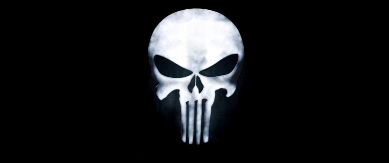 The Punisher, Skull, Black background, 5K, 8K, The Punisher logo, AMOLED
