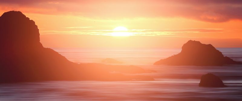 Beach, Sunlight, Sunset, Rocks, Long exposure, Reflection, Dawn