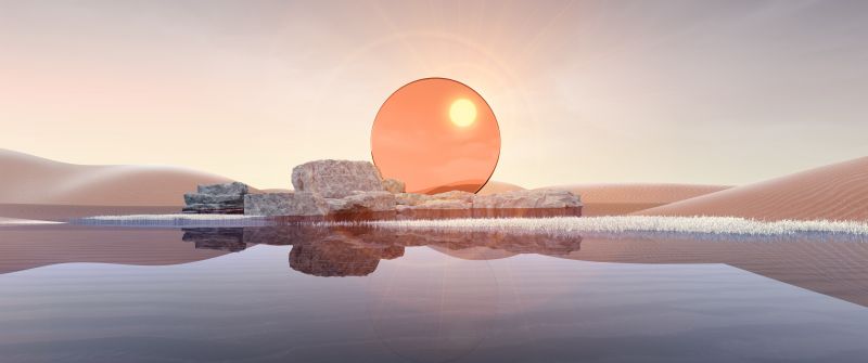 Desert, Landscape, Sunset, Digital Art, Body of Water, 5K, Reflection