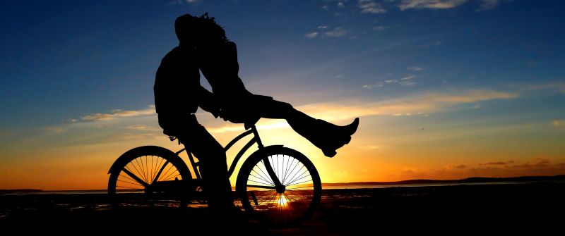 Couple, Bicycle, Sunset, Romantic kiss, Silhouette, Dusk, Evening