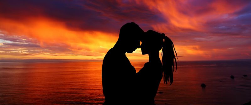Couple, Romantic, Silhouette, Sunset, Seascape, Together, 5K