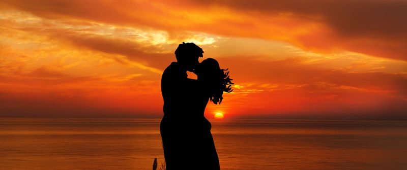 Couple, Romantic kiss, Silhouette, Sunset, Seascape, Together