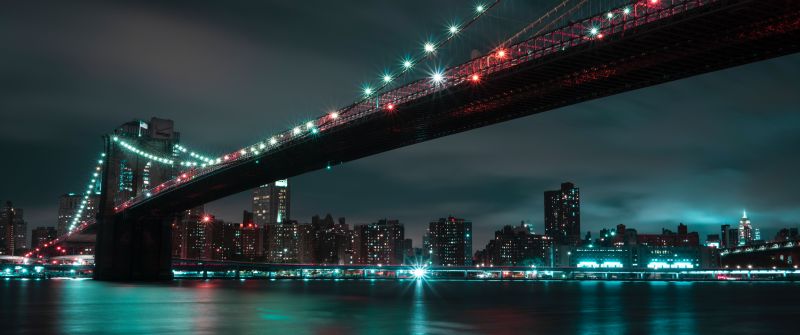 Brooklyn Bridge, 8K, Manhattan, City lights, Night, Cityscape, River, New York City, 5K
