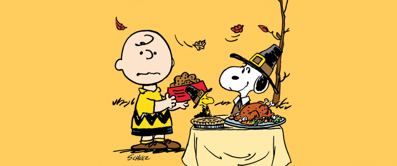 Peanuts, Thanksgiving, Charlie Brown, Snoopy, Yellow background, Cute cartoon