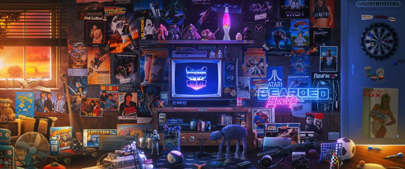 Nostalgic, Room, Retro style, Neon, Gaming console