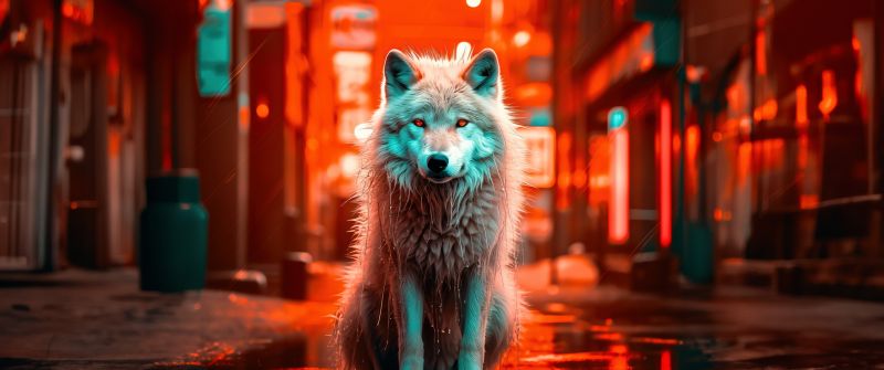 White wolf, AI art, Red background