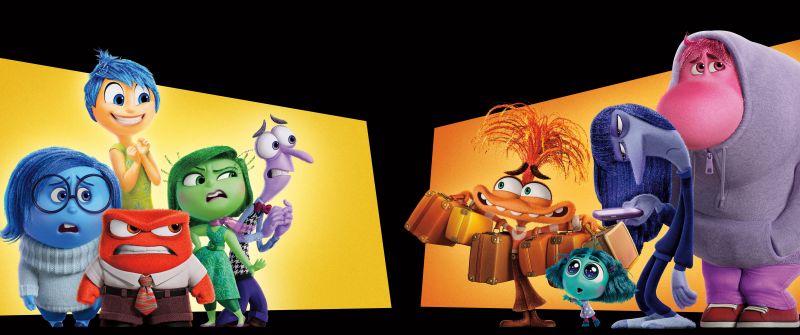 Inside Out 2, Ultrawide, 8K, Movie poster, Animation movies, Pixar movies, 2024 Movies, Joy (Inside Out), Sadness (Inside Out), Anger (Inside Out), Fear (Inside Out), Disgust (Inside Out), Anxiety (Inside Out), 5K, Black background